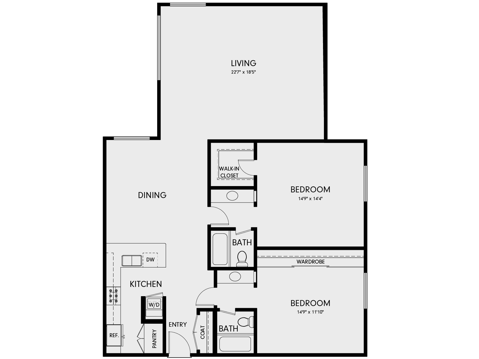 Floor plan for 2 beds, 2 baths, 1489 sqft